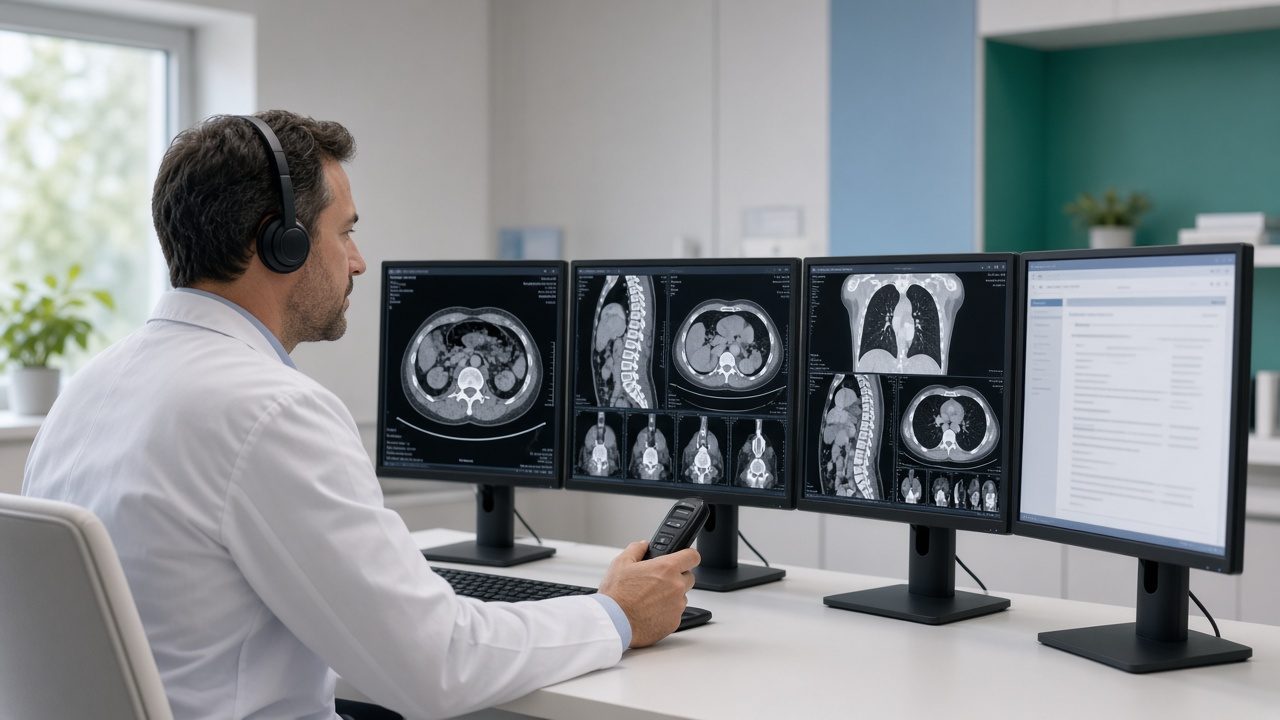 Médico radiologista ditando laudo de tomografia com microfone, diante de monitores com imagens de TC